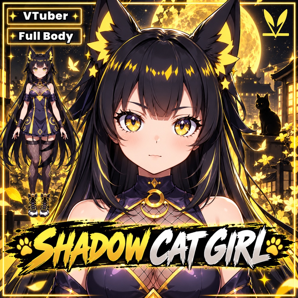 Premade Live 2d VTuber Model - Shadow cat girl for vtube studio as a cute yellow, dark blue full body vtuber animal female commercial use