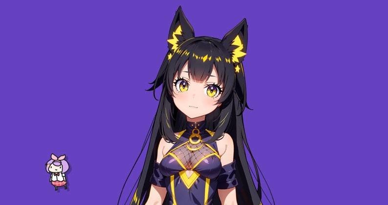 Premade Live 2d VTuber Model - Shadow cat girl for vtube studio as a cute yellow, dark blue full body vtuber animal female commercial use