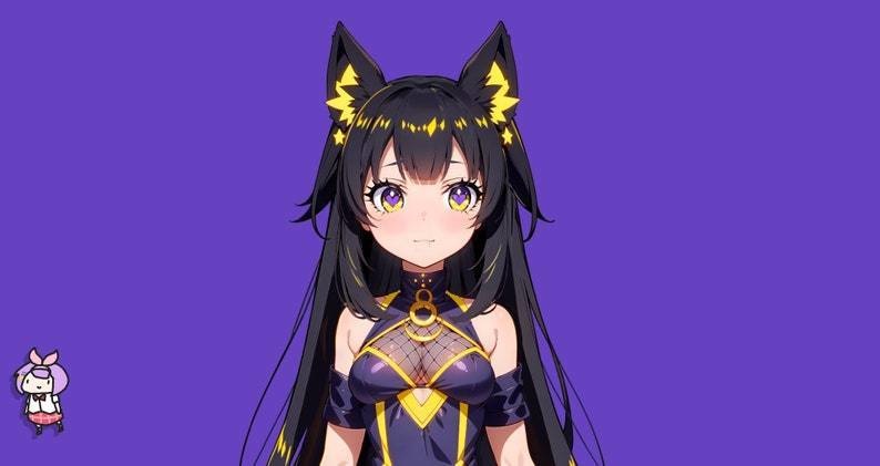 Premade Live 2d VTuber Model - Shadow cat girl for vtube studio as a cute yellow, dark blue full body vtuber animal female commercial use