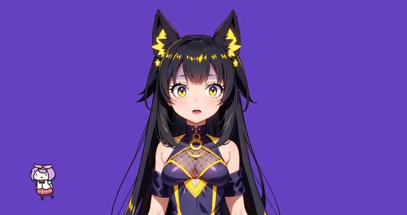 Premade Live 2d VTuber Model - Shadow cat girl for vtube studio as a cute yellow, dark blue full body vtuber animal female commercial use