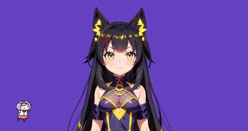 Premade Live 2d VTuber Model - Shadow cat girl for vtube studio as a cute yellow, dark blue full body vtuber animal female commercial use