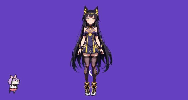 Premade Live 2d VTuber Model - Shadow cat girl for vtube studio as a cute yellow, dark blue full body vtuber animal female commercial use