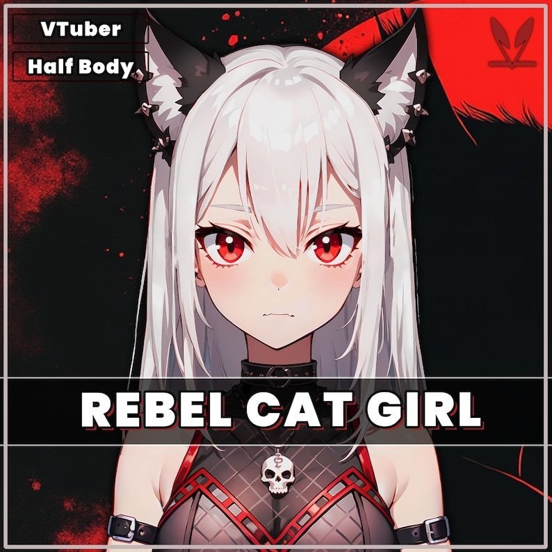 Premade VTuber model - Rebel Cat Girl for vtube studio as a hot black, Red half body vtuber cute goth girl live2d neko model