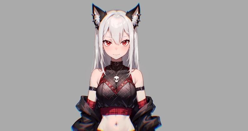 Premade VTuber model - Rebel Cat Girl for vtube studio as a hot black, Red half body vtuber cute goth girl live2d neko model