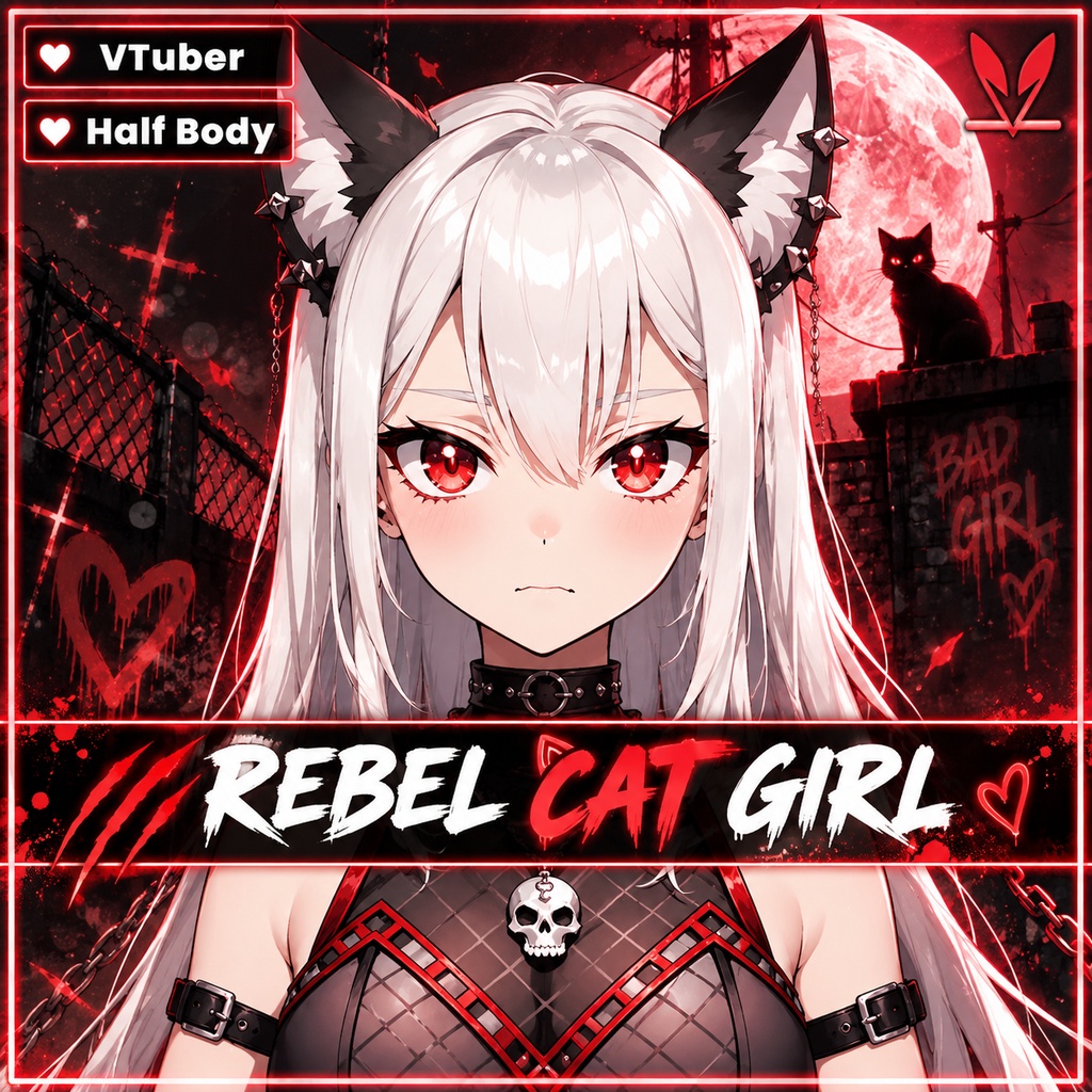 Premade VTuber model - Rebel Cat Girl for vtube studio as a hot black, Red half body vtuber cute goth girl live2d neko model