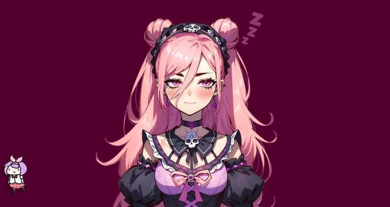VTuber - Skull Goth Girl for vtube studio as a cute Pink, black half body vtuber bratty goth girl live2d premade 2d avatar
