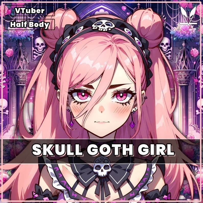VTuber - Skull Goth Girl for vtube studio as a cute Pink, black half body vtuber bratty goth girl live2d premade 2d avatar