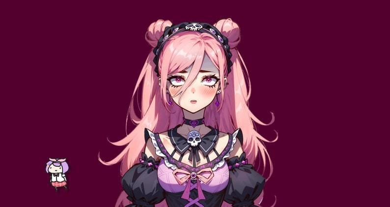 VTuber - Skull Goth Girl for vtube studio as a cute Pink, black half body vtuber bratty goth girl live2d premade 2d avatar
