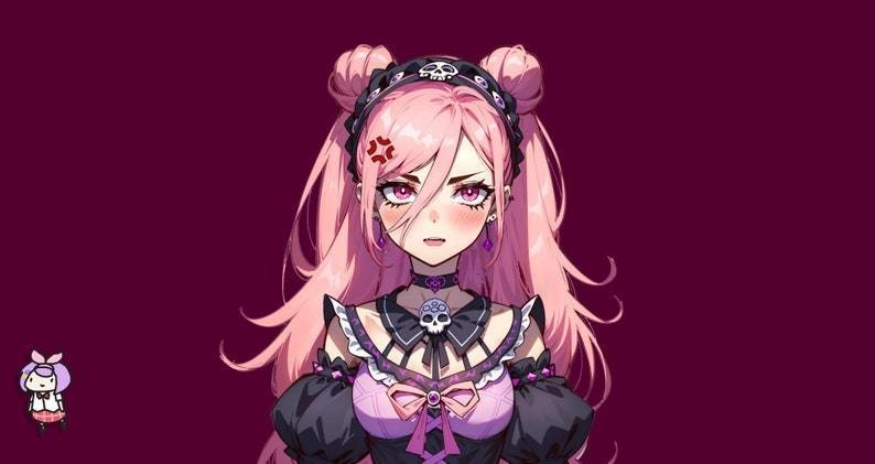 VTuber - Skull Goth Girl for vtube studio as a cute Pink, black half body vtuber bratty goth girl live2d premade 2d avatar