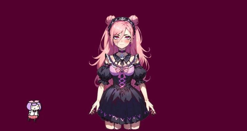 VTuber - Skull Goth Girl for vtube studio as a cute Pink, black half body vtuber bratty goth girl live2d premade 2d avatar