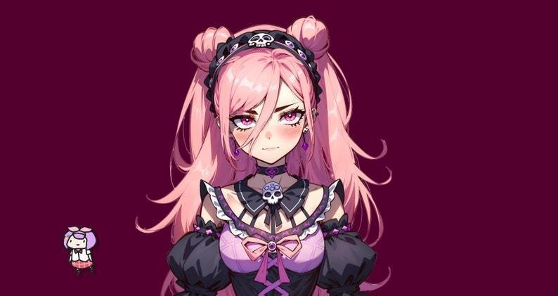 VTuber - Skull Goth Girl for vtube studio as a cute Pink, black half body vtuber bratty goth girl live2d premade 2d avatar