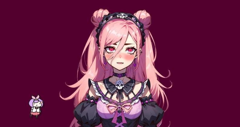 VTuber - Skull Goth Girl for vtube studio as a cute Pink, black half body vtuber bratty goth girl live2d premade 2d avatar