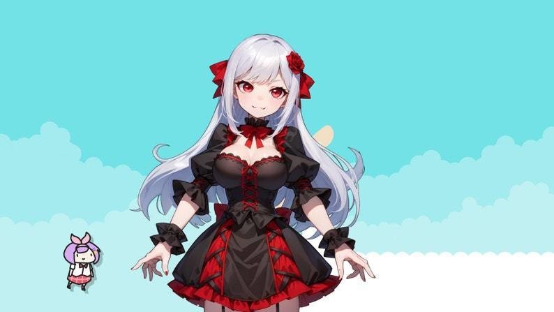 Live2d Premade VTuber Model for commercial Vampire Cat Girl for vtube studio as a cute red vtuber cat goth girl half body 2d model