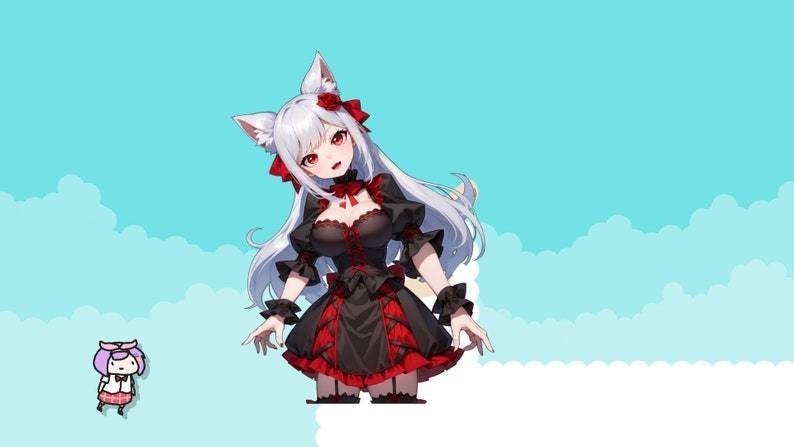 Live2d Premade VTuber Model for commercial Vampire Cat Girl for vtube studio as a cute red vtuber cat goth girl half body 2d model
