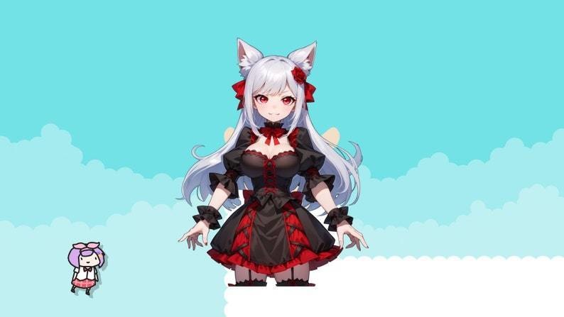 Live2d Premade VTuber Model for commercial Vampire Cat Girl for vtube studio as a cute red vtuber cat goth girl half body 2d model