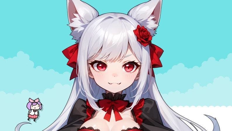 Live2d Premade VTuber Model for commercial Vampire Cat Girl for vtube studio as a cute red vtuber cat goth girl half body 2d model
