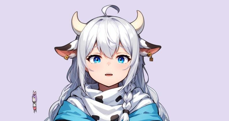 VTuber - Cow Girl for vtube studio as a cute white, blue full body vtuber animal sitting girl female live2d model