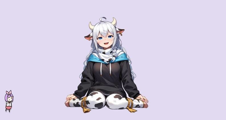 VTuber - Cow Girl for vtube studio as a cute white, blue full body vtuber animal sitting girl female live2d model