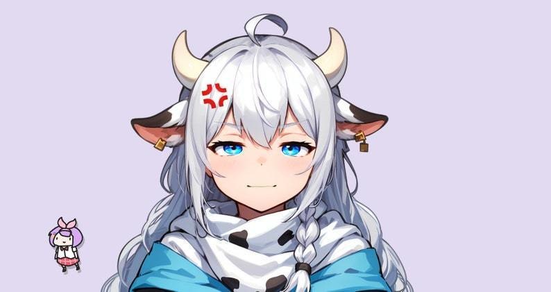 VTuber - Cow Girl for vtube studio as a cute white, blue full body vtuber animal sitting girl female live2d model