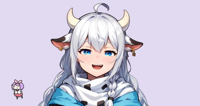 VTuber - Cow Girl for vtube studio as a cute white, blue full body vtuber animal sitting girl female live2d model