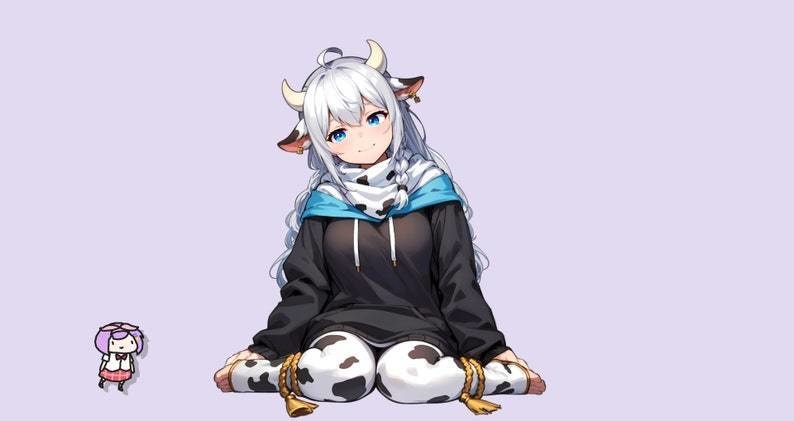 VTuber - Cow Girl for vtube studio as a cute white, blue full body vtuber animal sitting girl female live2d model