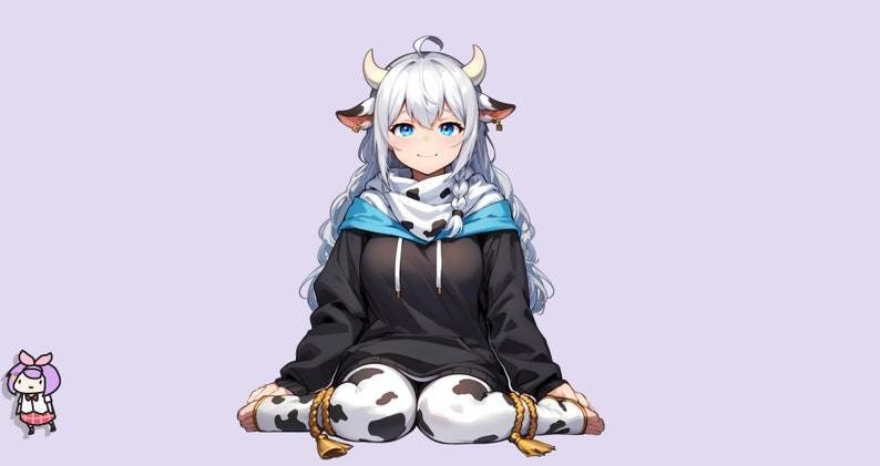 VTuber - Cow Girl for vtube studio as a cute white, blue full body vtuber animal sitting girl female live2d model