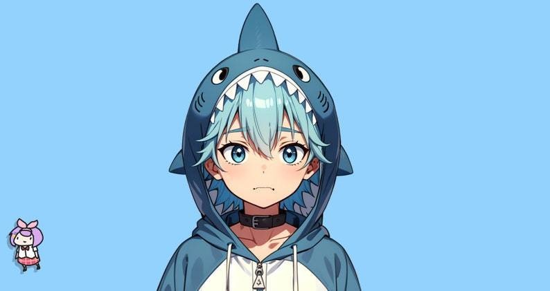 Male premade VTuber model - Shark Boy for vtube studio as a cute but bratty half body male 2d vtuber