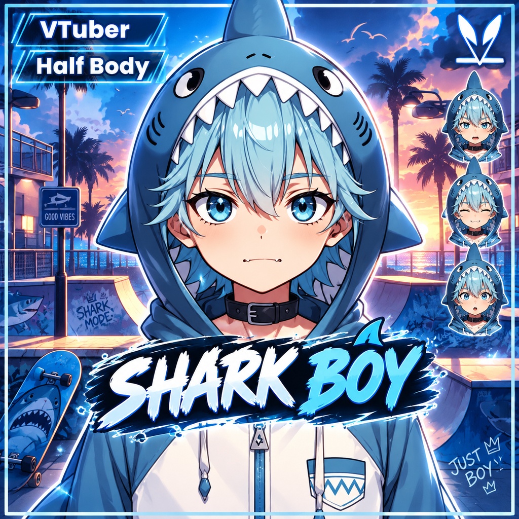 Male premade VTuber model - Shark Boy for vtube studio as a cute but bratty half body male 2d vtuber