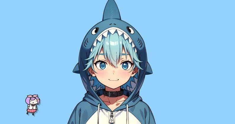 Male premade VTuber model - Shark Boy for vtube studio as a cute but bratty half body male 2d vtuber