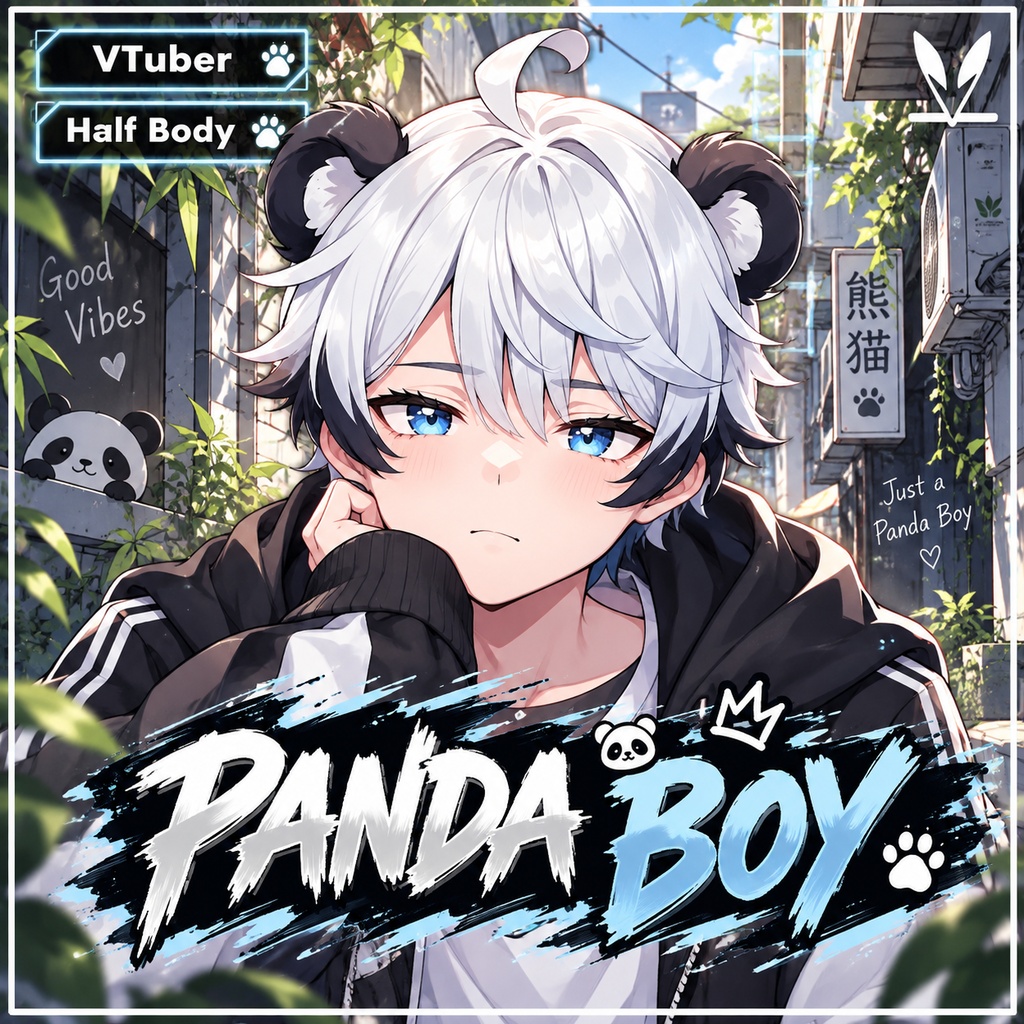 VTuber - Panda Boy for vtube studio as a cool black, white half body vtuber animal male live2d model with custom colors