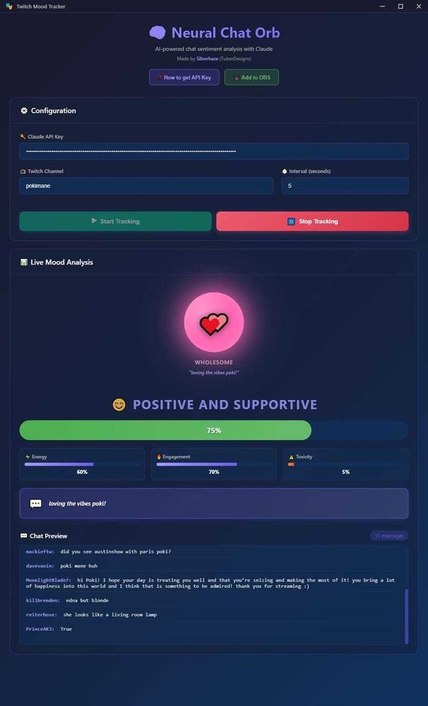 Twitch Chat Sentiment Tracker AI Tool for Streamers VTuber Mood Analyzer OBS Overlay Real-Time Analytics Dashboard Neural Chat Orb App