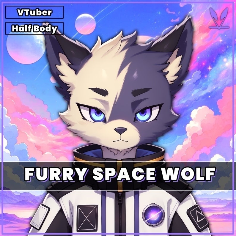 Furry premade VTuber model - Furry Space Wolf for vtube studio as a cool purple themed wolf half body vtuber male 2d vtuber