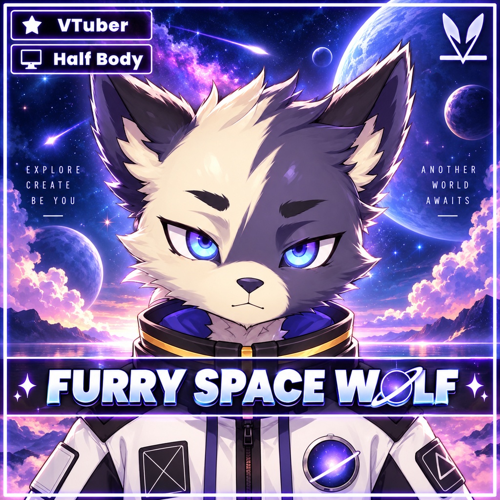 Furry premade VTuber model - Furry Space Wolf for vtube studio as a cool purple themed wolf half body vtuber male 2d vtuber