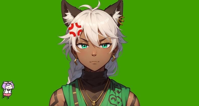 VTuber - Jade Cat Boy for vtube studio as a cool green, gold full body vtuber animal male live2d model