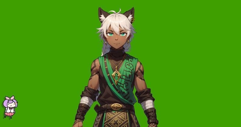 VTuber - Jade Cat Boy for vtube studio as a cool green, gold full body vtuber animal male live2d model