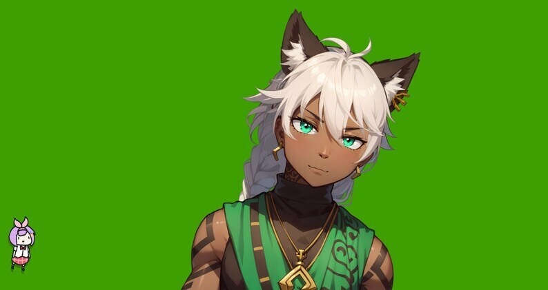 VTuber - Jade Cat Boy for vtube studio as a cool green, gold full body vtuber animal male live2d model