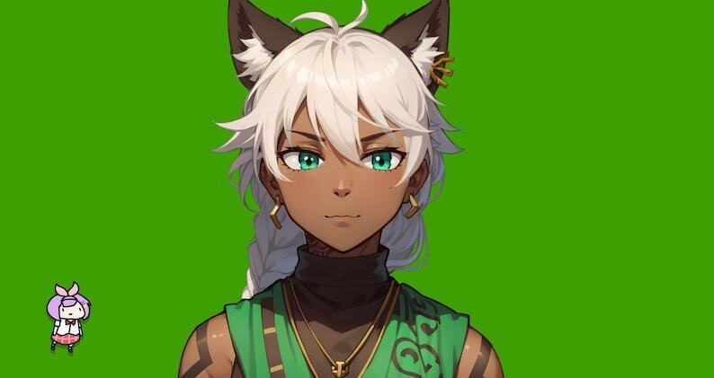 VTuber - Jade Cat Boy for vtube studio as a cool green, gold full body vtuber animal male live2d model