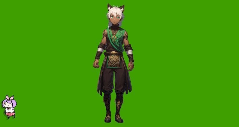 VTuber - Jade Cat Boy for vtube studio as a cool green, gold full body vtuber animal male live2d model