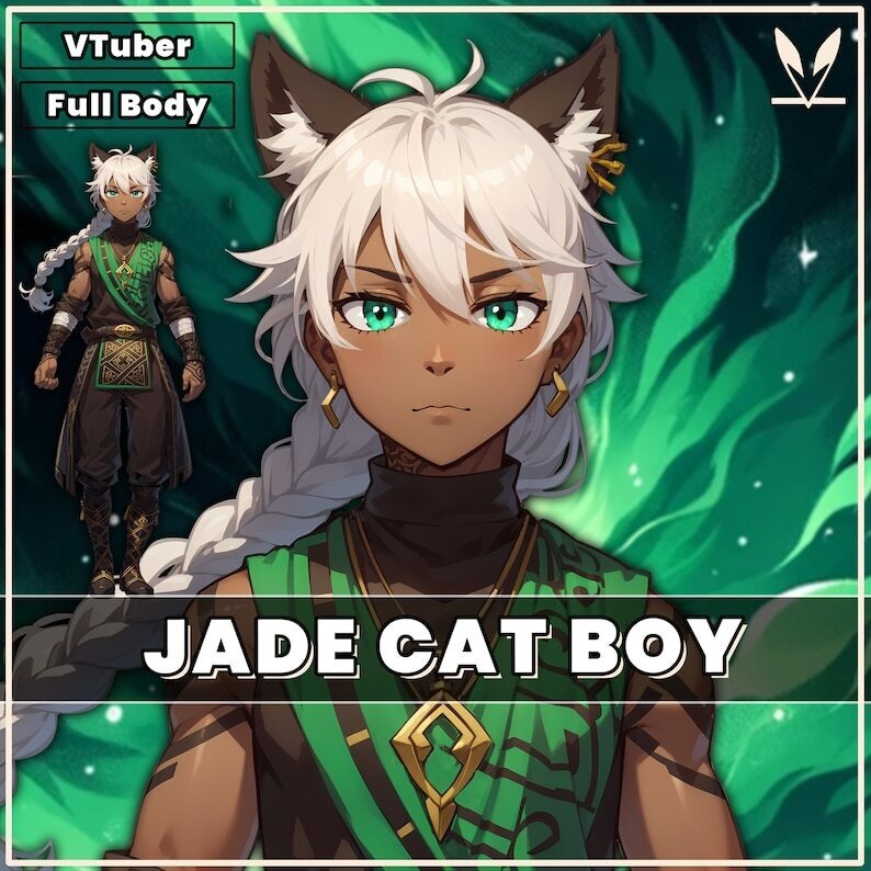 VTuber - Jade Cat Boy for vtube studio as a cool green, gold full body vtuber animal male live2d model