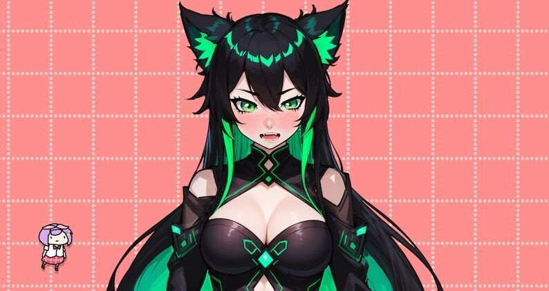 VTuber - Jade Cat Girl for vtube studio as a cute green and black full body vtuber cat goth girl live2d model