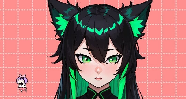 VTuber - Jade Cat Girl for vtube studio as a cute green and black full body vtuber cat goth girl live2d model