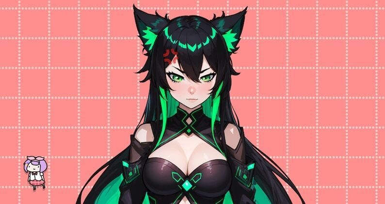 VTuber - Jade Cat Girl for vtube studio as a cute green and black full body vtuber cat goth girl live2d model