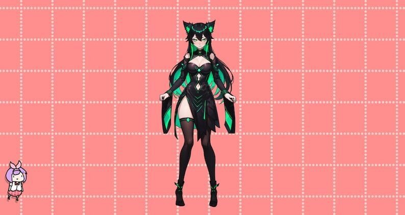 VTuber - Jade Cat Girl for vtube studio as a cute green and black full body vtuber cat goth girl live2d model