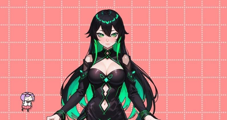 VTuber - Jade Cat Girl for vtube studio as a cute green and black full body vtuber cat goth girl live2d model