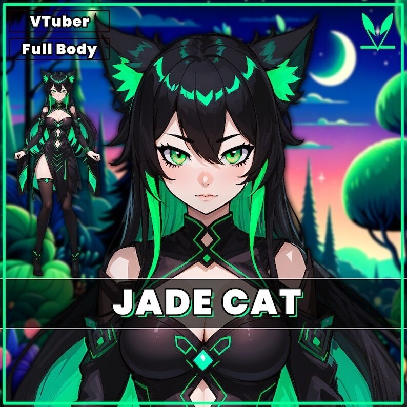 VTuber - Jade Cat Girl for vtube studio as a cute green and black full body vtuber cat goth girl live2d model
