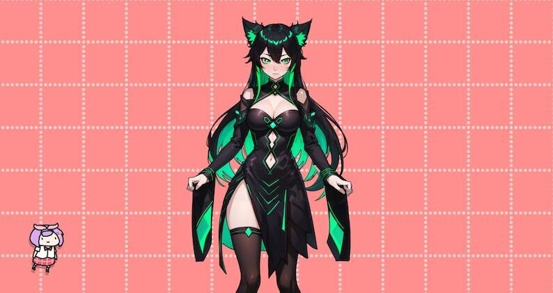 VTuber - Jade Cat Girl for vtube studio as a cute green and black full body vtuber cat goth girl live2d model