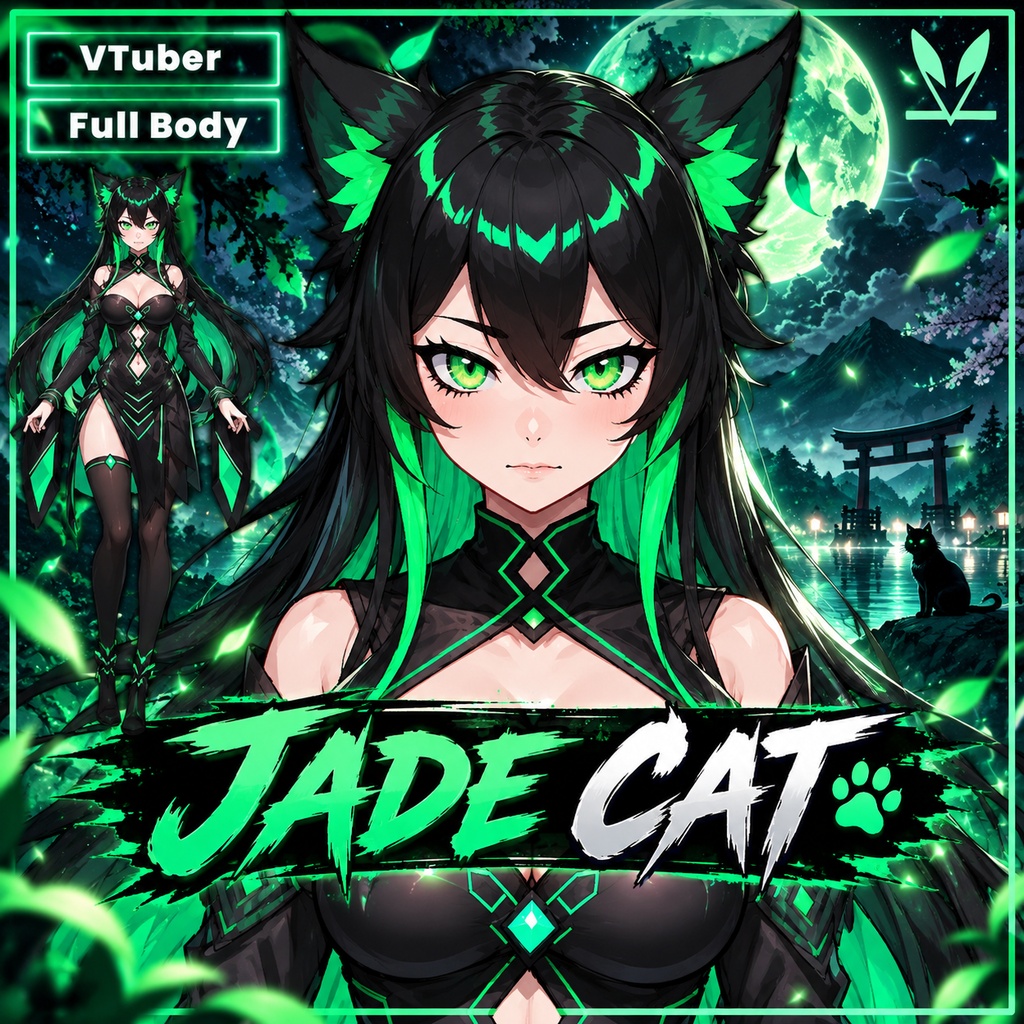 VTuber - Jade Cat Girl for vtube studio as a cute green and black full body vtuber cat goth girl live2d model