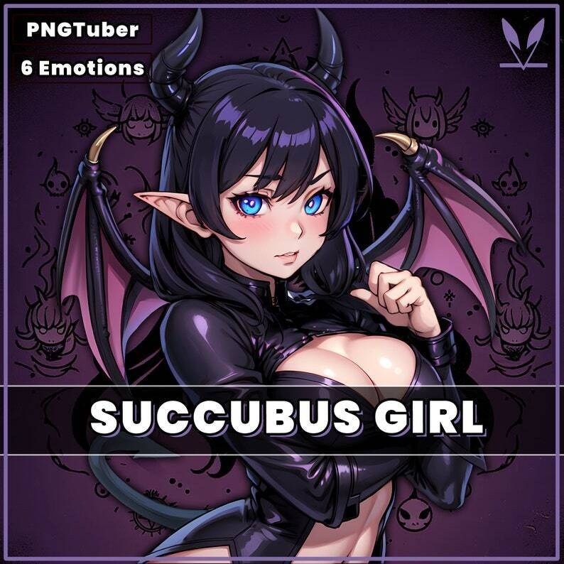 PNGTuber Succubus Girl with 6 Emotions | Ahegao premade png tuber female png model asset tuberdesigns for veadotube, female goth vtuber