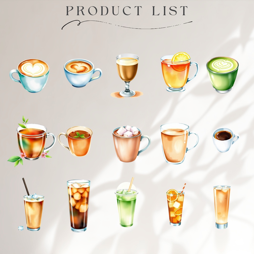 カフェドリンク水彩イラスト素材集 – 50種セット【透過PNG】