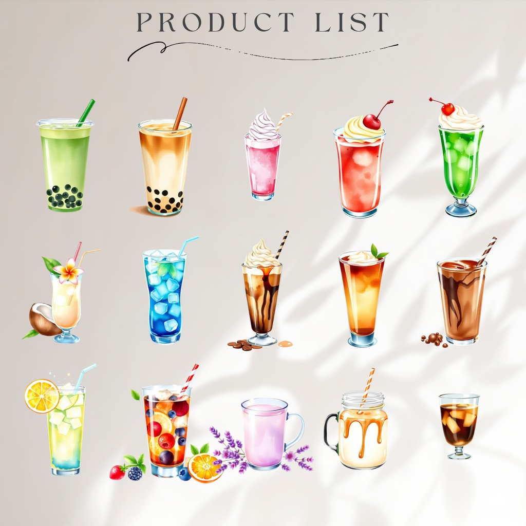 カフェドリンク水彩イラスト素材集 – 50種セット【透過PNG】